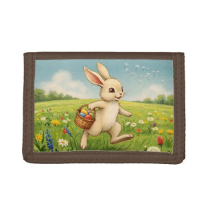 Vintage Spring Meadow Easter Bunny Tri-fold Wallet