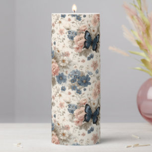 Vintage Spring Pink and Blue Florals & Butterfly Pillar Candle