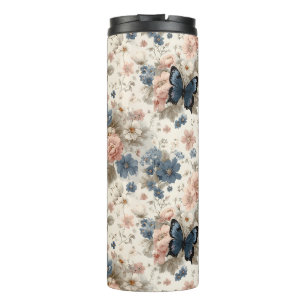 Vintage Spring Pink and Blue Florals & Butterfly Thermal Tumbler