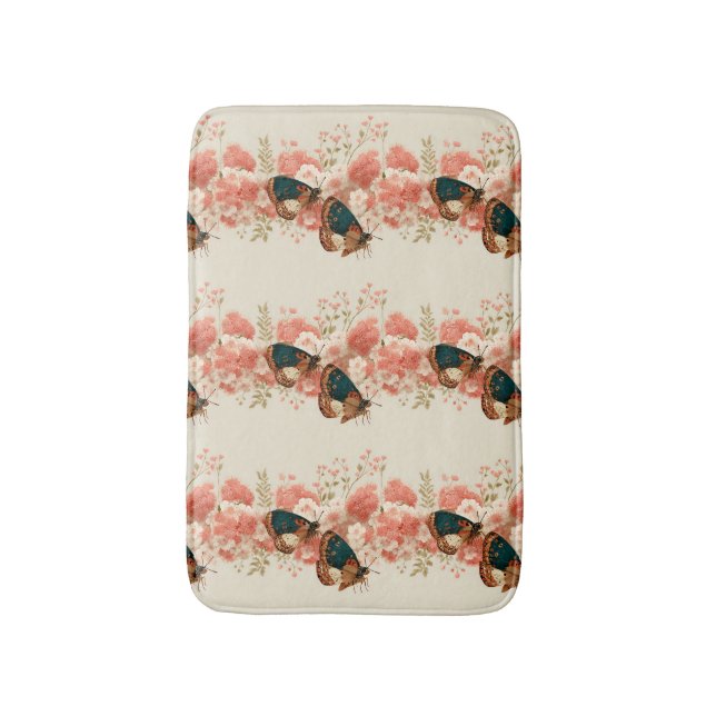 Vintage Spring Pink Flowers with Butterflies Bath Mat (Front Vertical)