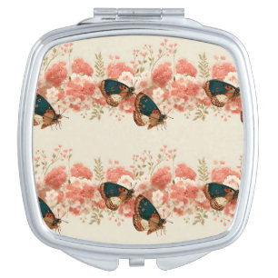 Vintage Spring Pink Flowers with Butterflies Compact Mirror