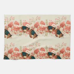 Vintage Spring Pink Flowers with Butterflies Kitchen Towel