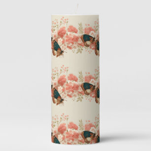 Vintage Spring Pink Flowers with Butterflies Pillar Candle