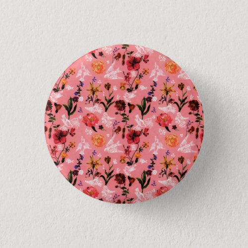 Vintage Spring Pink White Bird Flowers Watercolor Button