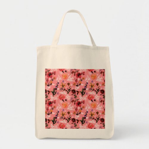 Vintage Spring Pink White Bird Flowers Watercolor Tote Bag