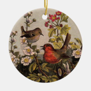Vintage Spring Robin Songbirds Botanical Floral Ceramic Ornament