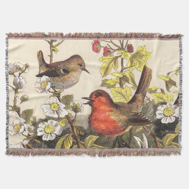 Vintage Spring Robin Songbirds Botanical Floral Throw Blanket (Front)