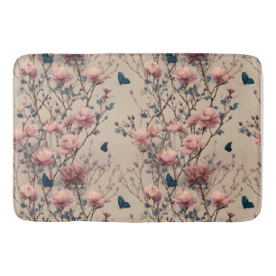 Vintage Spring Roses with Blue Butterflies Bath Mat
