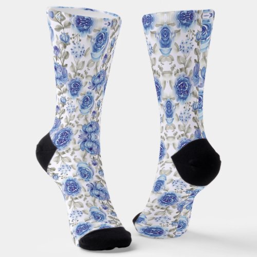 Vintage Spring Style Blue Floral Pattern Socks