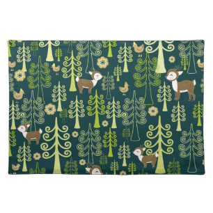 Vintage spruce trees, deer pattern. cloth placemat