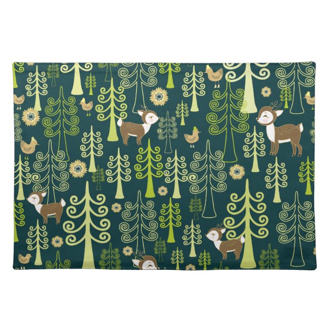 Vintage spruce trees, deer pattern. cloth placemat (Front)
