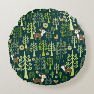 Vintage spruce trees, deer pattern. round pillow