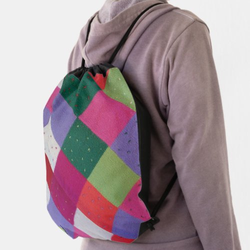 vintage squares of colorful knitted patchwork  drawstring bag