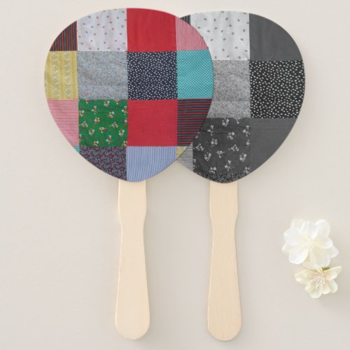 vintage squares of colorful patchwork fabric hand fan