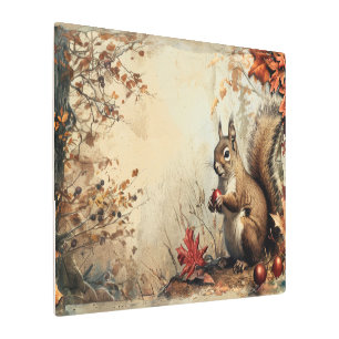 Vintage Squirrel and Acorns in Autumn 30x20 Metal Print
