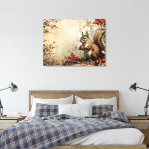 Vintage Squirrel and Acorns in Autumn 32x24 Canvas Print