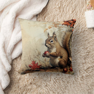 Vintage Squirrel and Acorns in Autumn Throw Pillow