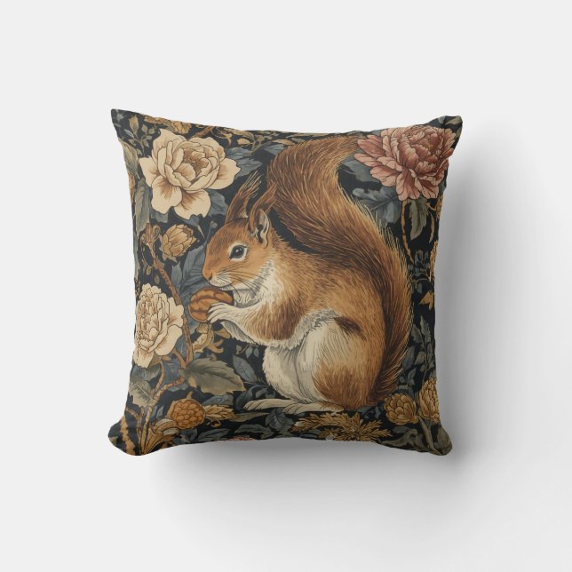 Vintage Squirrel and Flowers Pattern Throw Pillow (Front)