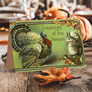 Vintage Squirrel And Turkey Thanksgiving Holiday Card