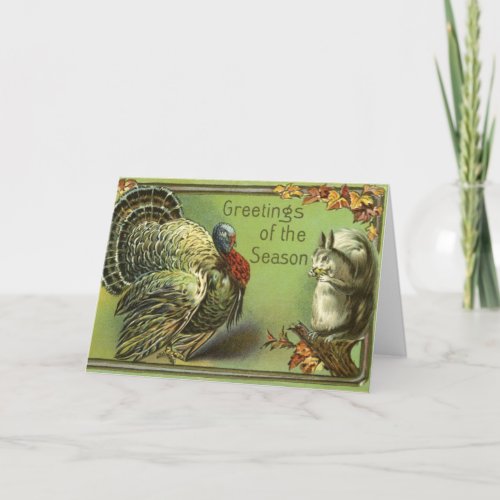 Vintage Squirrel And Turkey Thanksgiving Holiday Card