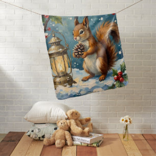 Vintage Squirrel with Christmas Lantern Winter Baby Blanket