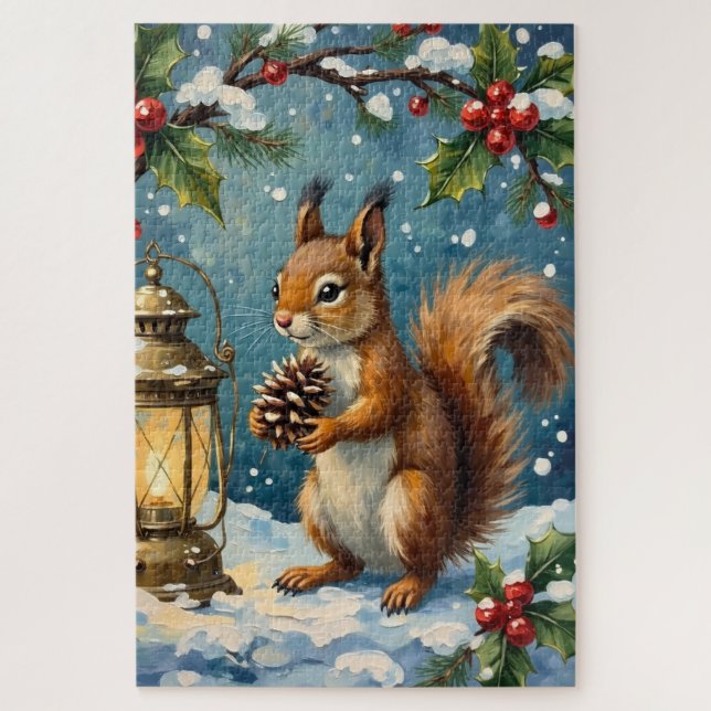 Vintage Squirrel with Christmas Lantern Winter Jigsaw Puzzle (Vertical)