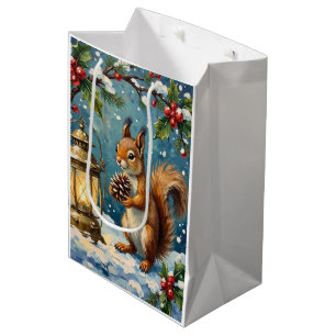 Vintage Squirrel with Christmas Lantern Winter Medium Gift Bag