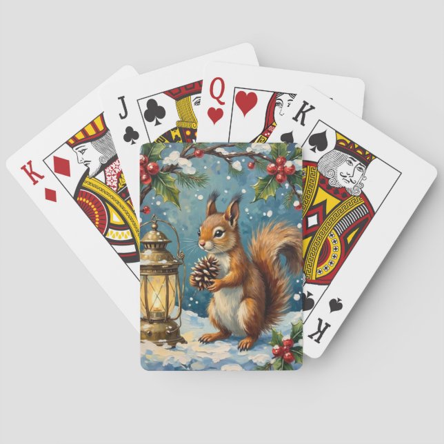 Vintage Squirrel with Christmas Lantern Winter Poker Cards (Back)