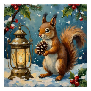 Vintage Squirrel with Christmas Lantern Winter Poster