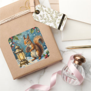 Vintage Squirrel with Christmas Lantern Winter Square Sticker