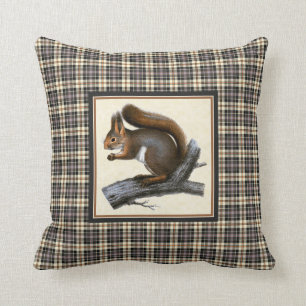 Vintage Squirrel with Rustic Plaid Throw Pillow