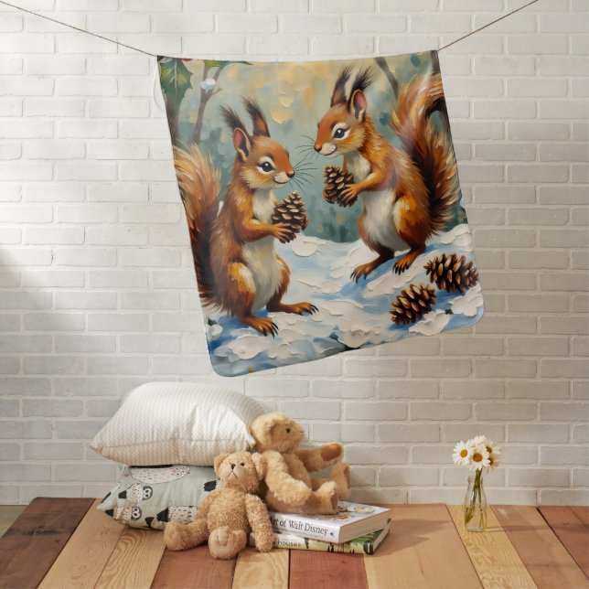 Vintage Squirrels Gathering Pinecones Christmas Baby Blanket (In Situ)