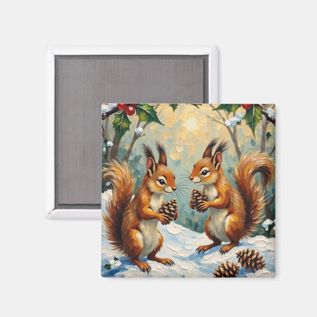 Vintage Squirrels Gathering Pinecones Christmas Magnet (Front/Back)