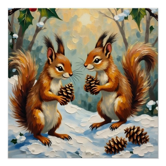 Vintage Squirrels Gathering Pinecones Christmas Poster (Front)