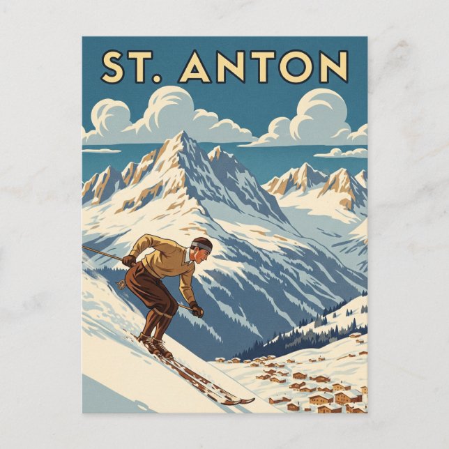 Vintage St. Anton Austria Skier Skiing Postcard (Front)