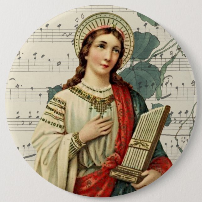 Vintage St. Cecilia Patron Saint of Musicians Button (Front)