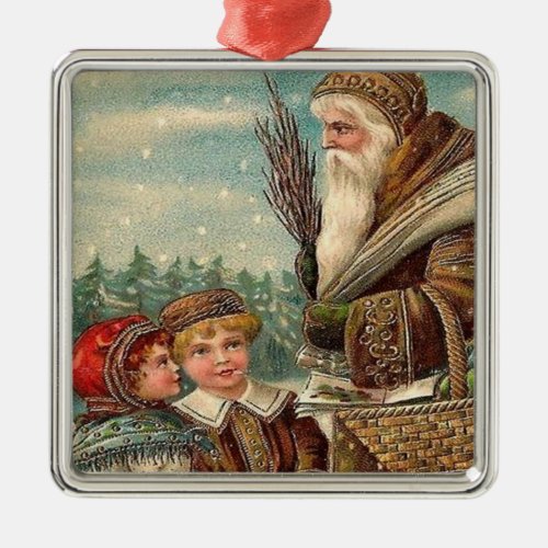 Vintage St Nicholas and Kids Square Ornament