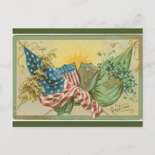 Vintage St Patricks American Flag Shamrock Harp Postcard