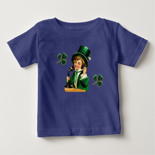Vintage St Patricks Day Boy on Telephone Clovers Baby T_Shirt