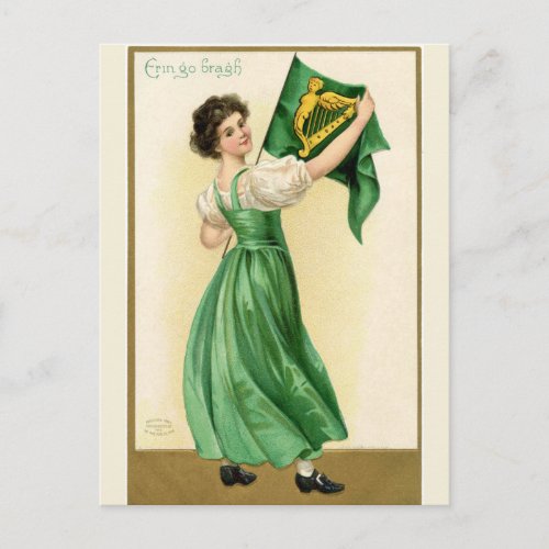 Vintage St Patricks Day Flag Lady Postcard