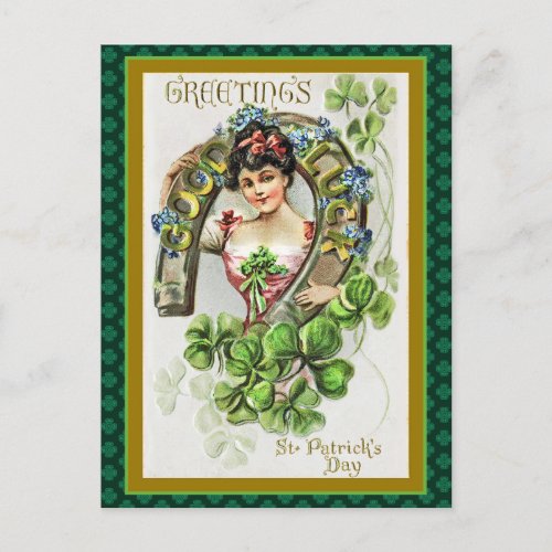 Vintage St Patricks Day Girl Green Clovers Holiday Postcard