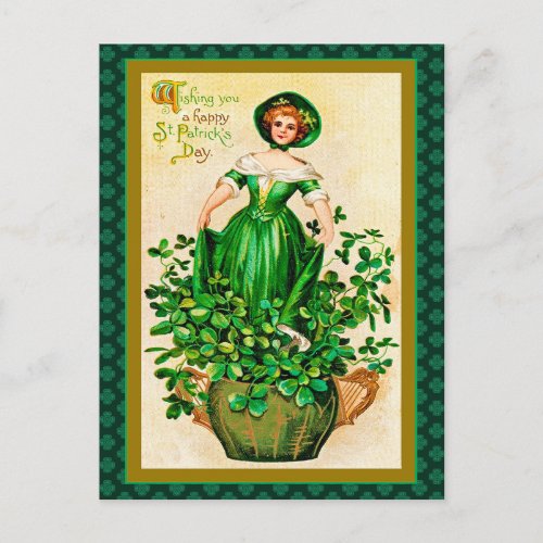 Vintage St Patricks Day Girl Green Dress Clovers Holiday Postcard