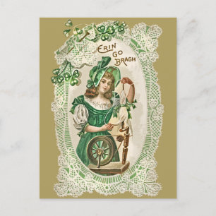 Vintage St Patrick's Day Girl Green Spinning Wheel Holiday Postcard