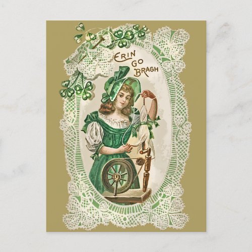 Vintage St Patricks Day Girl Green Spinning Wheel Holiday Postcard