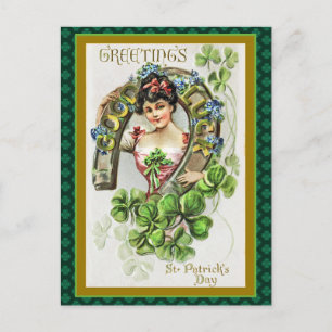 Vintage St Patrick's Day Girl Horseshoe Clovers Holiday Postcard