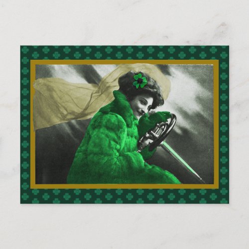 Vintage St Patricks Day Green Girl in Car Holiday Postcard