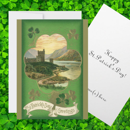 Vintage St. Patricks Day Greetings Castle Shamrock Card