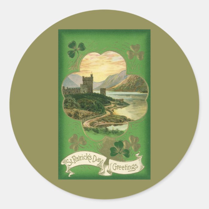 Vintage St. Patricks Day Greetings Castle Shamrock Round Stickers