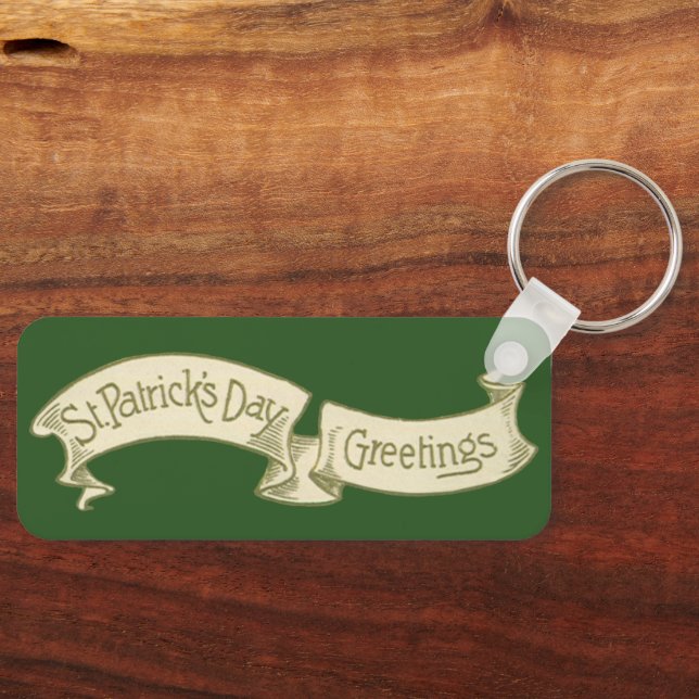 Vintage St. Patrick's Day Greetings Golden Banner Keychain (Front)