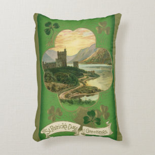 Vintage St. Patricks Day Greetings Shamrock Castle Accent Pillow